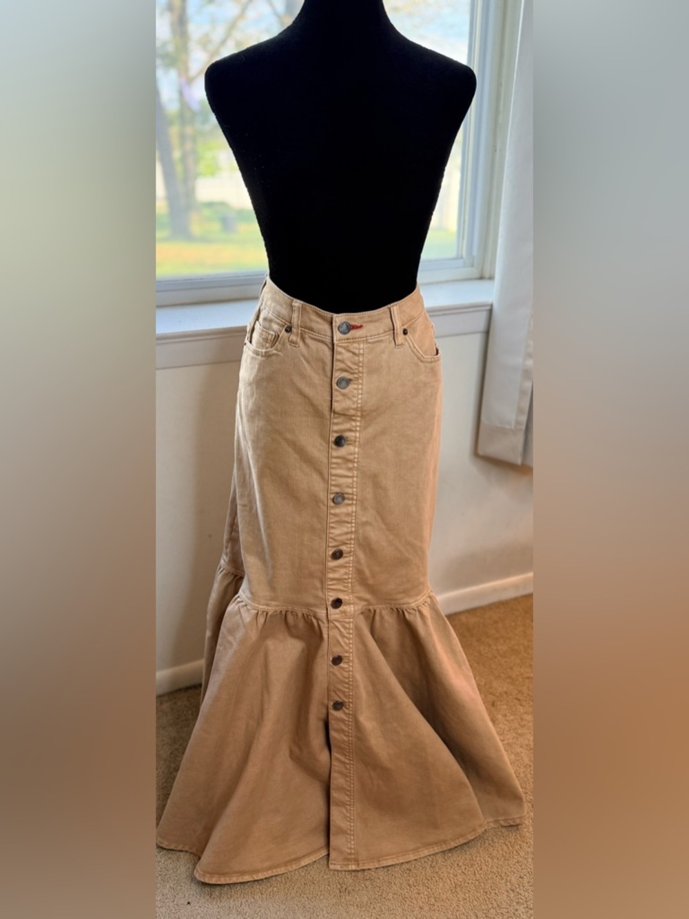 Peace Love World Boheme khaki Denim Button front Maxi Skirt western boho Size 2P